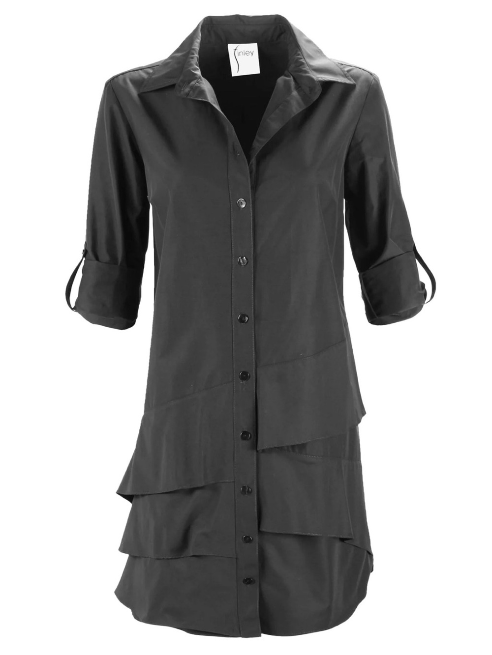 Finley Jenna Black Cotton Tiered Button-Front Shirt Dress